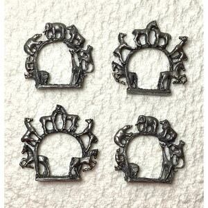 Set of 4 Wanda Scruby Pewter Napkin Rings - 2 Horses 2 Zoo Animals Signed